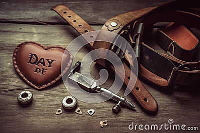 Happy Father Day Message On Wooden Background With Tools, Belt Buckle And Heart. Generative AI Stock Photo