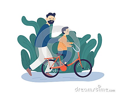 Happy father educates little son to riding on bike at park vector flat illustration. Smiling family spending time Vector Illustration