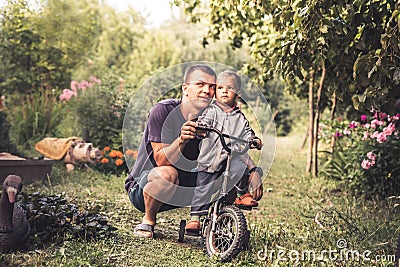 Happy father embrace little son kid lifestyle portrait concept happy parenting Stock Photo