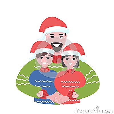 Happy father with kids in Christmas wearings. Daddy hugs his children festive illustration. Vector Illustration