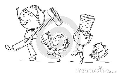 Happy father and kids doing housework, children helping parents Vector Illustration