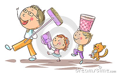 Happy father and kids doing housework, children helping parents Vector Illustration