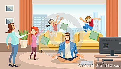 Happy father in lotus position surrounded family Vector Illustration