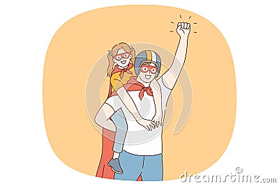 Happy father play superheroes with small daughter Vector Illustration