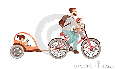 Happy father riding a bicycle with two kids on back Child Bike trailer. Happy family on bicycle, man and kids - vector Vector Illustration