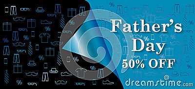 Happy Father`s Day Banner with necktie,glasses and gift box for dad on blue.Promotion and shopping template for Father`s Day. Vector Illustration