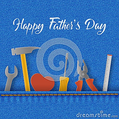 Happy Father`s Day card with tools in the denim pocket, wrench and screwdriver Vector Illustration