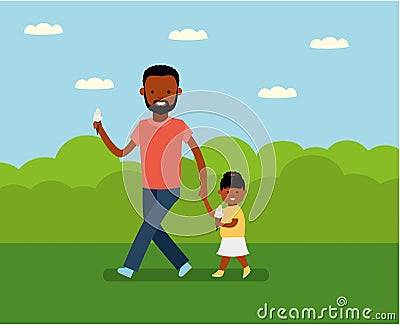 Happy Father`s Day. Dad with daughter in the Park. Vector Illustration