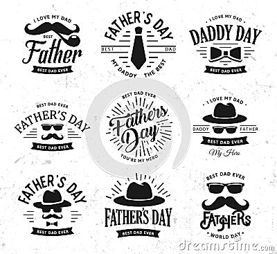 Happy Father`s Day Design Collection. Set of black color vintage style Father logo on light grunge background. Vector Vector Illustration