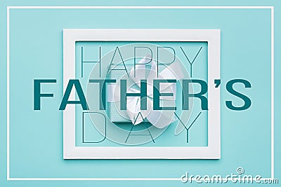 Happy Father`s day Pastel Candy Colours Background. Flat lay minimalism greeting card with picture frame. Stock Photo