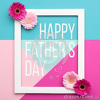 Happy Father`s day Pastel Candy Colours Background. Floral flat lay minimalism geometric patterns Father day greeting card. Stock Photo