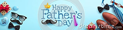 Happy Father`s Day poster or banner template with necktie,glasses and gift box Vector Illustration