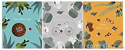 Happy father`s day! Set of greeting card for dad with bike, cake, glasses, coffee on a trendy bright backgrounds Vector Illustration