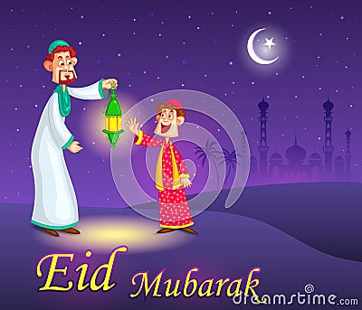 Happy father and son with fanoos for Eid Vector Illustration