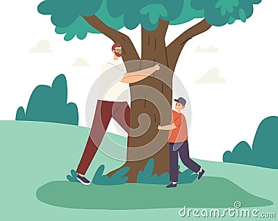 Happy Father and Son Hugging, Love Tree, Playing Hide and Seek and Run around. Family Characters Outdoor Recreation Vector Illustration