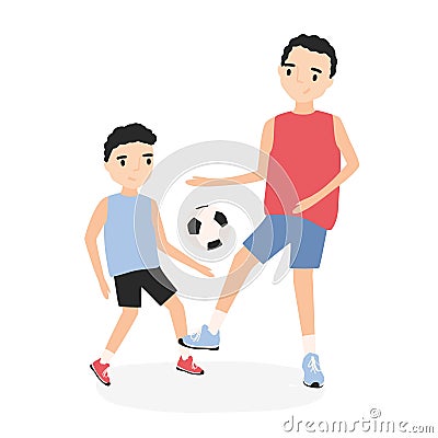 Happy father and son playing football. Dad and kid practicing soccer. Parent and child during sports game training Vector Illustration