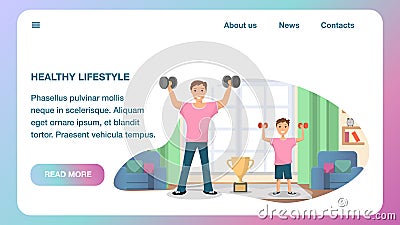 Happy Father and Son Standing Training Home Sport Vector Illustration