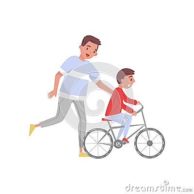 Happy father teaching his son riding bicycle. Outdoor activity. The first bike. Fatherhood theme. Flat vector design Vector Illustration