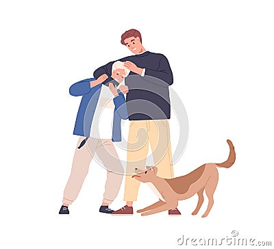 Happy father and teen son laughing and fooling. Positive emotions of dad and teenager boy having fun. Good relationship Vector Illustration