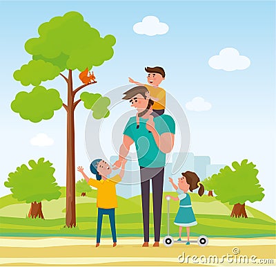 Happy father with three kids in the park. Family in the park. Concept of friendly family and of summer vacation. Cartoon Vector Illustration