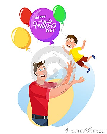 Happy Father Throwing Kid Up to Bunch of Balloon Vector Illustration