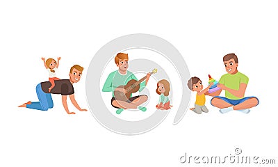 Happy Fatherhood Concept, Set of Fathers and their Kids Having Good Time Together Cartoon Vector Illustration Vector Illustration