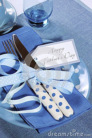 Happy Fathers Day blue theme table setting close up Stock Photo