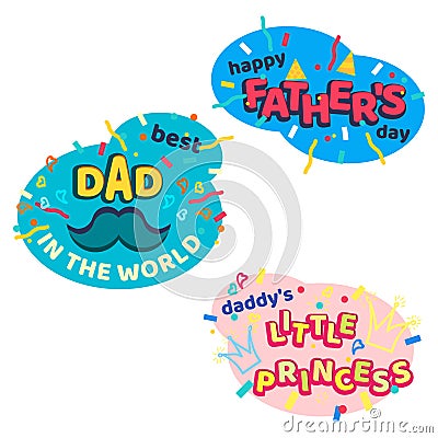 Happy fathers day bright cartoon isolated stickers set Vector Illustration