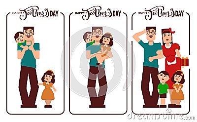 Happy Fathers Day. Dad, mom and kids happy family. Lettering text for template greeting card Vector Illustration