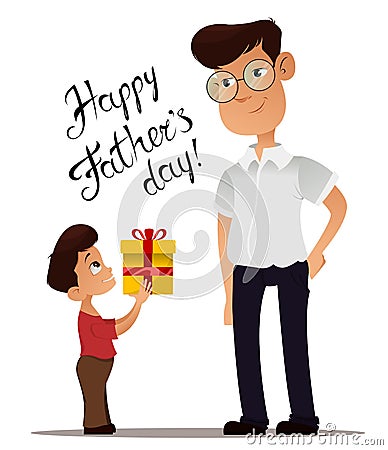 Happy Fathers Day greeting card. Son giving present to his father on holiday Vector Illustration