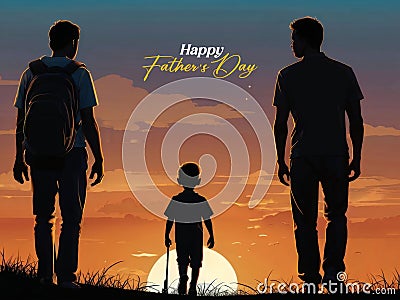 Happy Fathers Day Illustration with watercolor father and son silhouette background Stock Photo