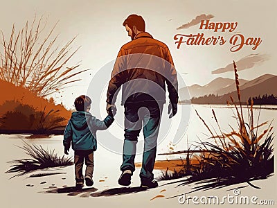 Happy Fathers Day Illustration with watercolor father and son silhouette background Stock Photo