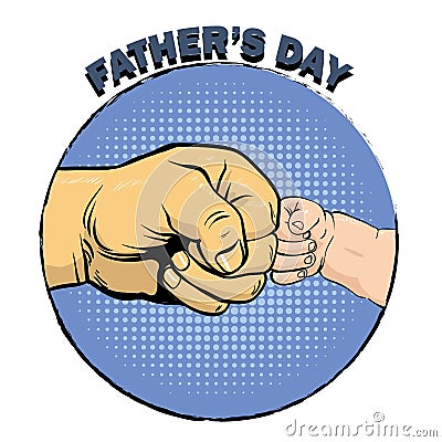 Happy fathers day poster in retro comic style. Pop art vector illustration. Father and son fist bump Vector Illustration