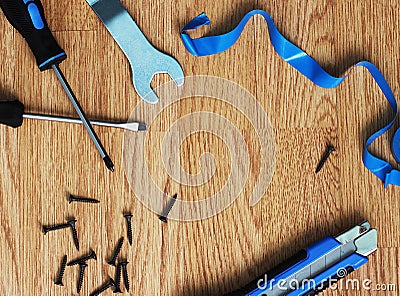 Happy Fathers Day with tools on a rustic wood background. Stock Photo