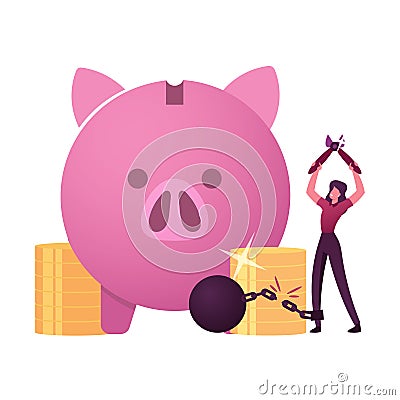 Happy Female Character Cutting Chain with Weight with Huge Piggy Bank and Pile of Golden Coins around Vector Illustration