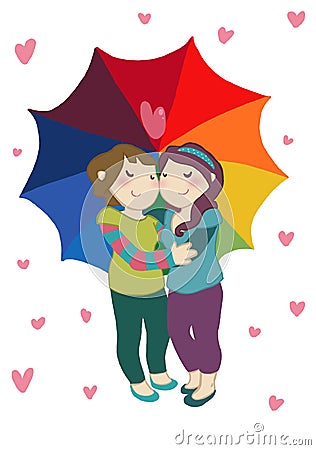 Happy female couple under rainbow umbrella Cartoon Illustration