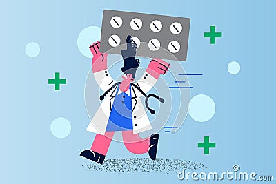 Happy female doctor with meds run with help Vector Illustration