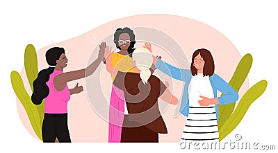 Happy female friends give high five together, team of young women showing trust gesture Vector Illustration