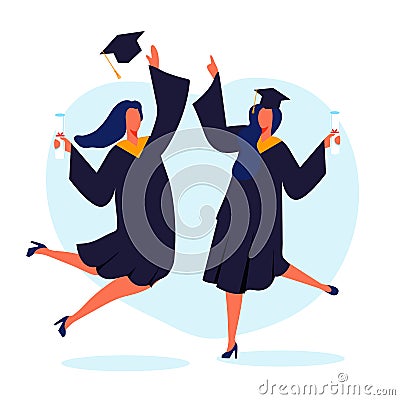 Happy Female Graduates Flat Vector Illustration Stock Photo