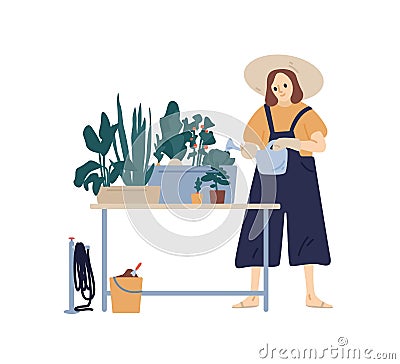 Happy female in hat enjoying home gardening hobby vector flat illustration. Funny plant lady with watering can taking Vector Illustration