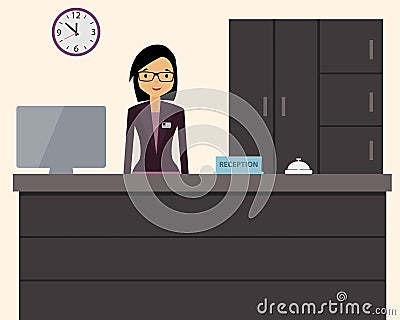 Happy female receptionist standing at hotel Vector Illustration