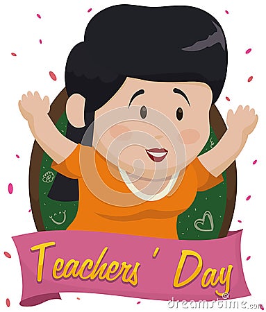 Happy Female Teacher over Confetti Shower in Teachers` Day, Vector Illustration Vector Illustration