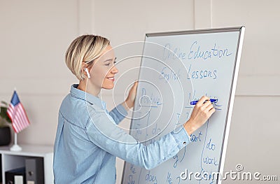 Happy teacher writing English grammar rules on blackboard, conducting online foreign language lesson from home Stock Photo