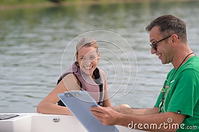 Happy female after waterskiing Stock Photo