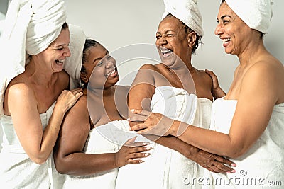 Happy females with different age and body size having skin care spa day Stock Photo