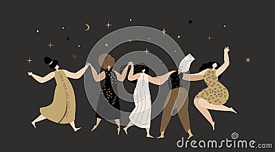 Happy Feminine Party Woman Festival.Women Dancing in Female Circle Together. Ritual dance together.Esoterics Sacred Woman Power. Stock Photo