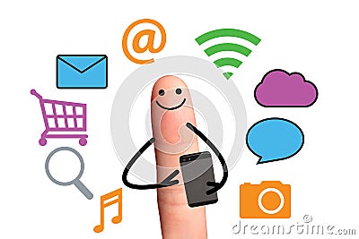 Happy finger using smart phone for online, isolated with clippi Stock Photo