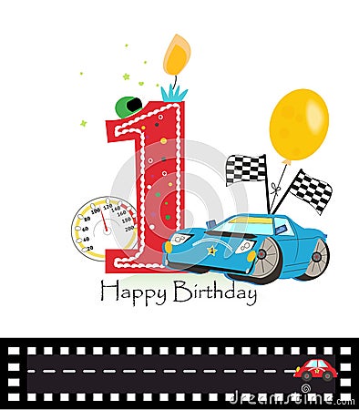 Happy first birthday candle. Baby boy greeting card with race car Vector Illustration