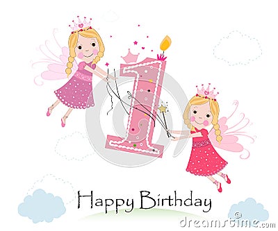Happy first birthday with cute fairy tale greeting card vector Vector Illustration