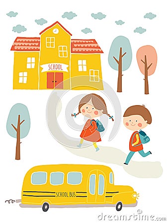 Happy first day of school card design. Kids going to school. Cute boy and girl with school building and school bus Vector Illustration